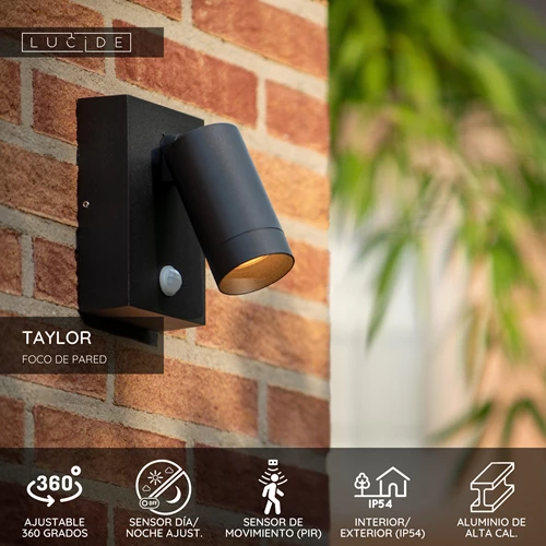 Lucide TAYLOR - Foco de pared / Lámpara de pared Dentro/Fuera - 1xGU10 - IP54 - Sensor movimiento - Negro - USP